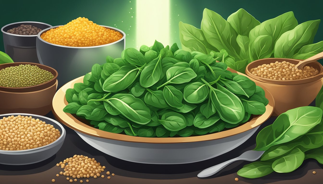 A vibrant green bunch of spinach leaves surrounded by various iron-rich foods like lentils and quinoa, with a bright spotlight shining on the spinach