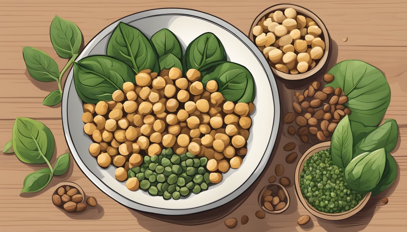 A bowl of chickpeas surrounded by spinach, lentils, and nuts, symbolizing a plant-based source of iron