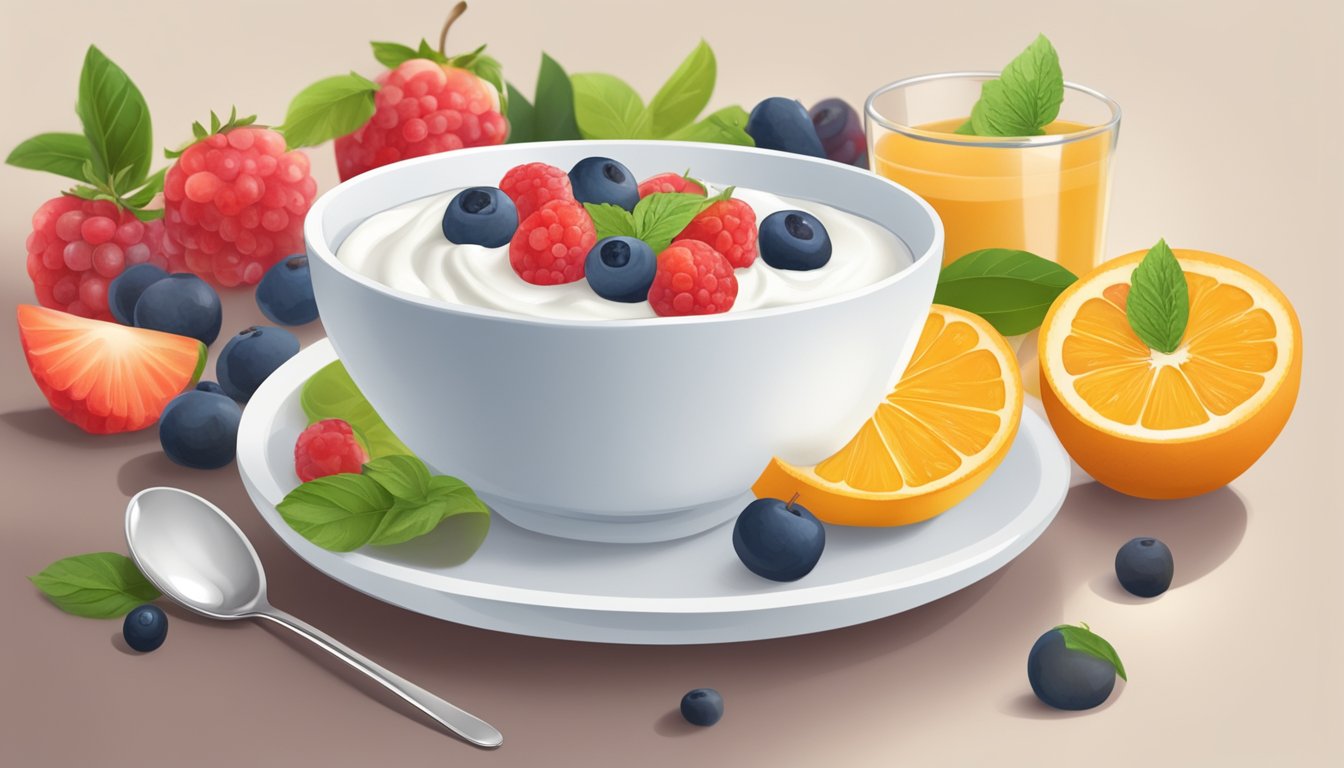 A bowl of Greek yogurt surrounded by fresh fruits and a spoon, with a warm cup of herbal tea in the background