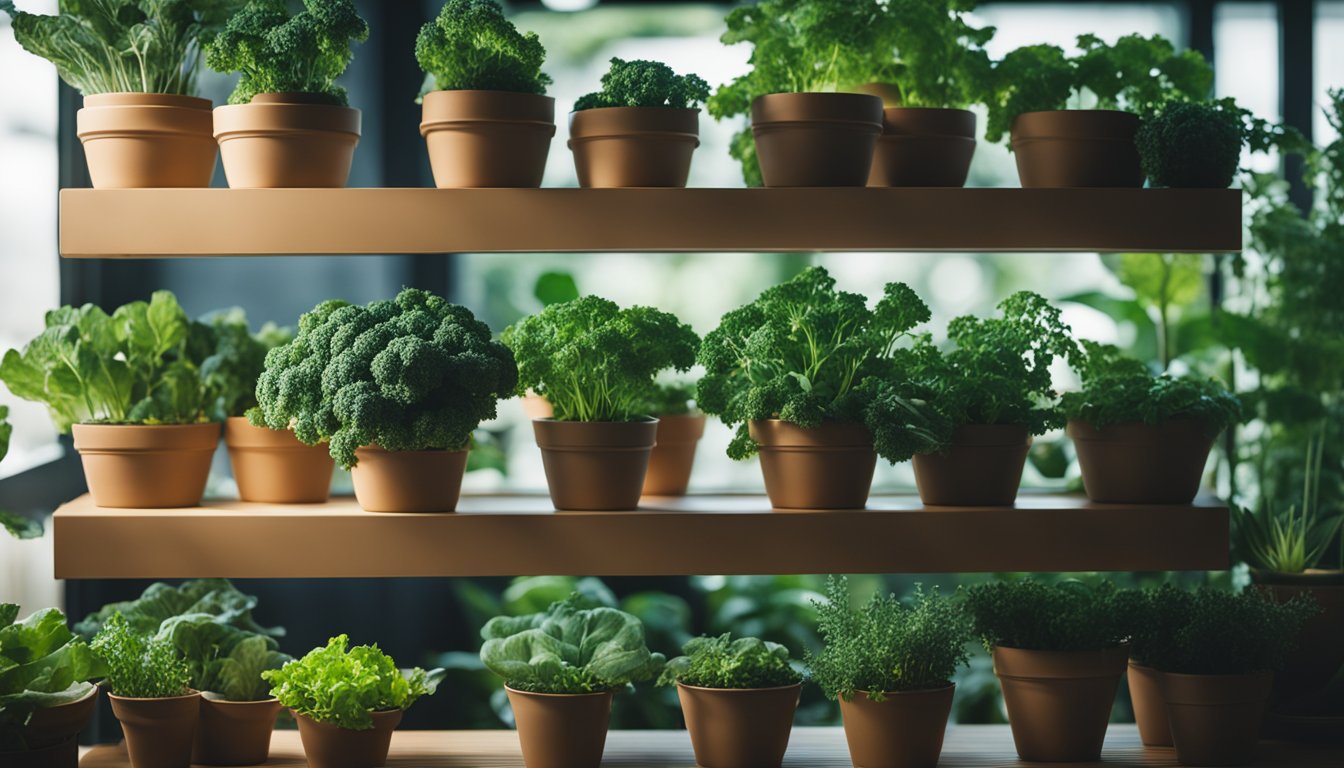 Multiple kale pots on shelves in an indoor garden, surrounded by other plants and herbs, with soft, diffused light creating a cozy atmosphere