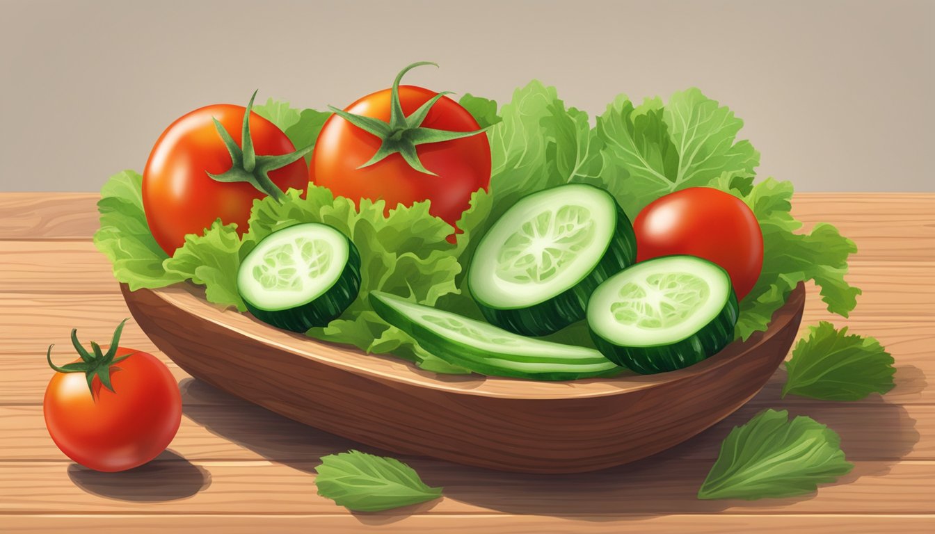 A bowl of cherry tomatoes, cucumber slices, and lettuce leaves on a wooden cutting board