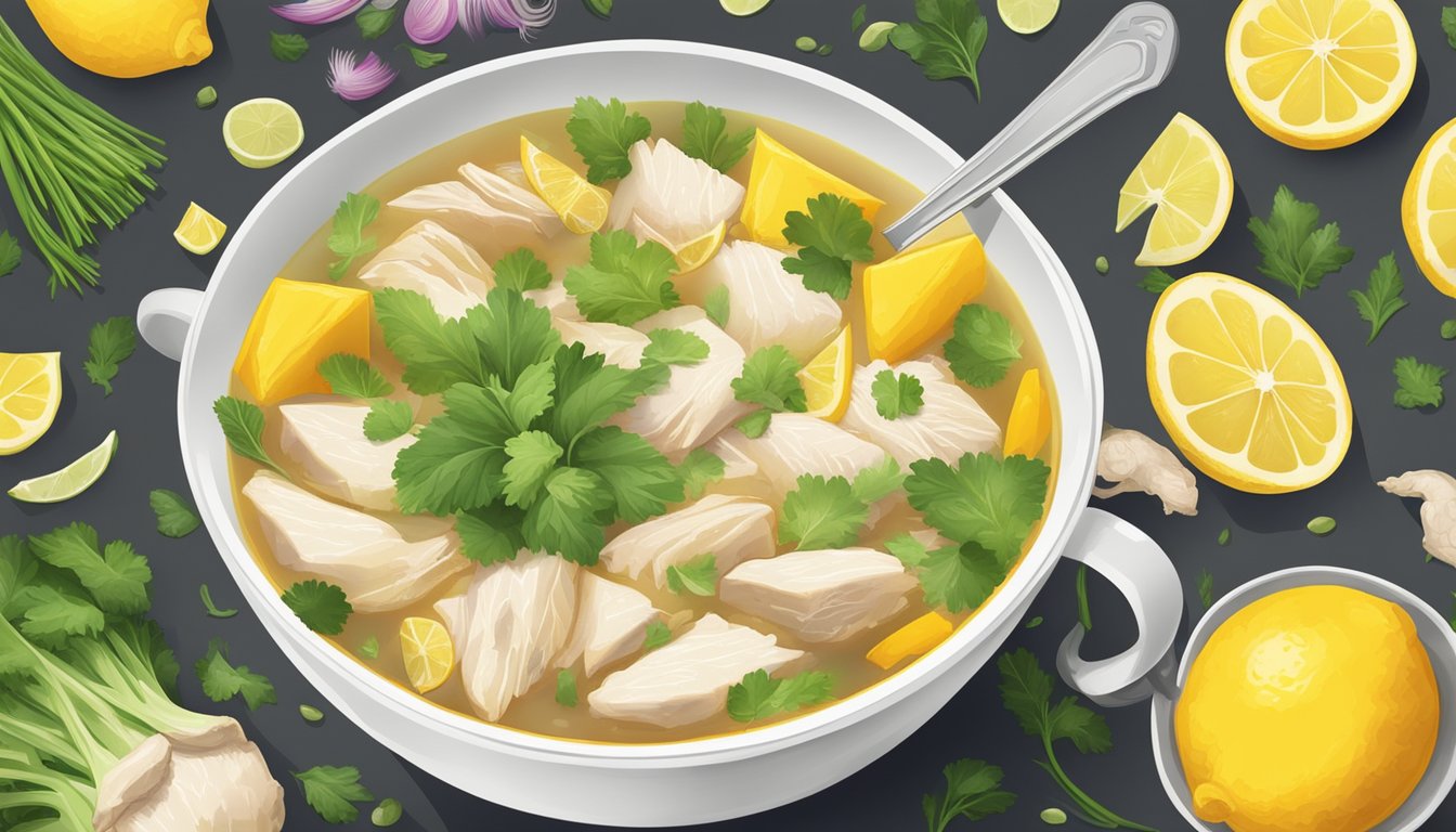 A steaming bowl of chicken soup surrounded by slices of fresh ginger, a whole lemon, and a bunch of colorful vegetables