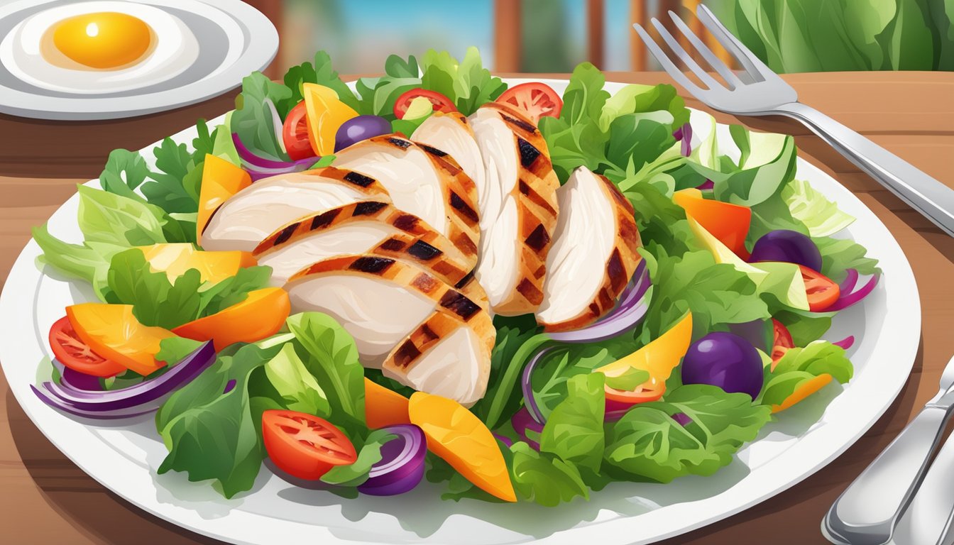 A colorful summer salad with grilled chicken, fresh vegetables, and vibrant greens arranged on a white plate