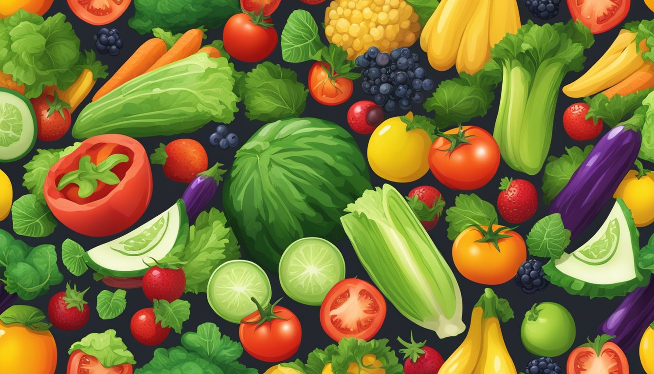 A vibrant array of fresh vegetables and fruits, such as crisp lettuce, juicy tomatoes, crunchy cucumbers, and tangy berries, arranged in a colorful bowl