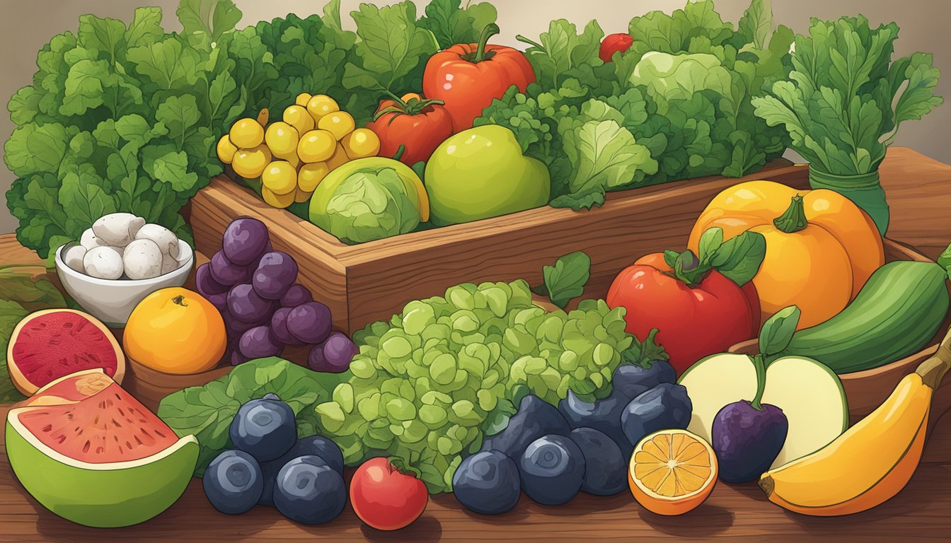 A vibrant array of fresh fruits, vegetables, and herbs arranged on a wooden cutting board, with a bowl of mixed greens in the background