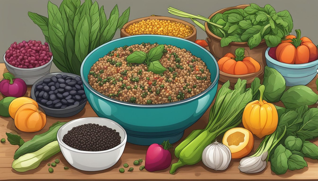 A colorful bowl filled with quinoa, spinach, and beans, surrounded by vibrant vegetables and fruits, with a steaming pot of quinoa in the background