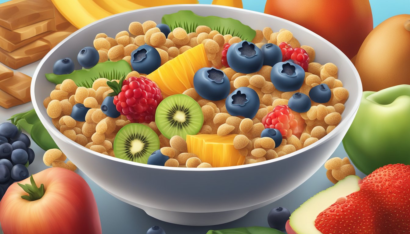 A bowl of fortified breakfast cereal surrounded by a variety of iron-rich fruits and vegetables