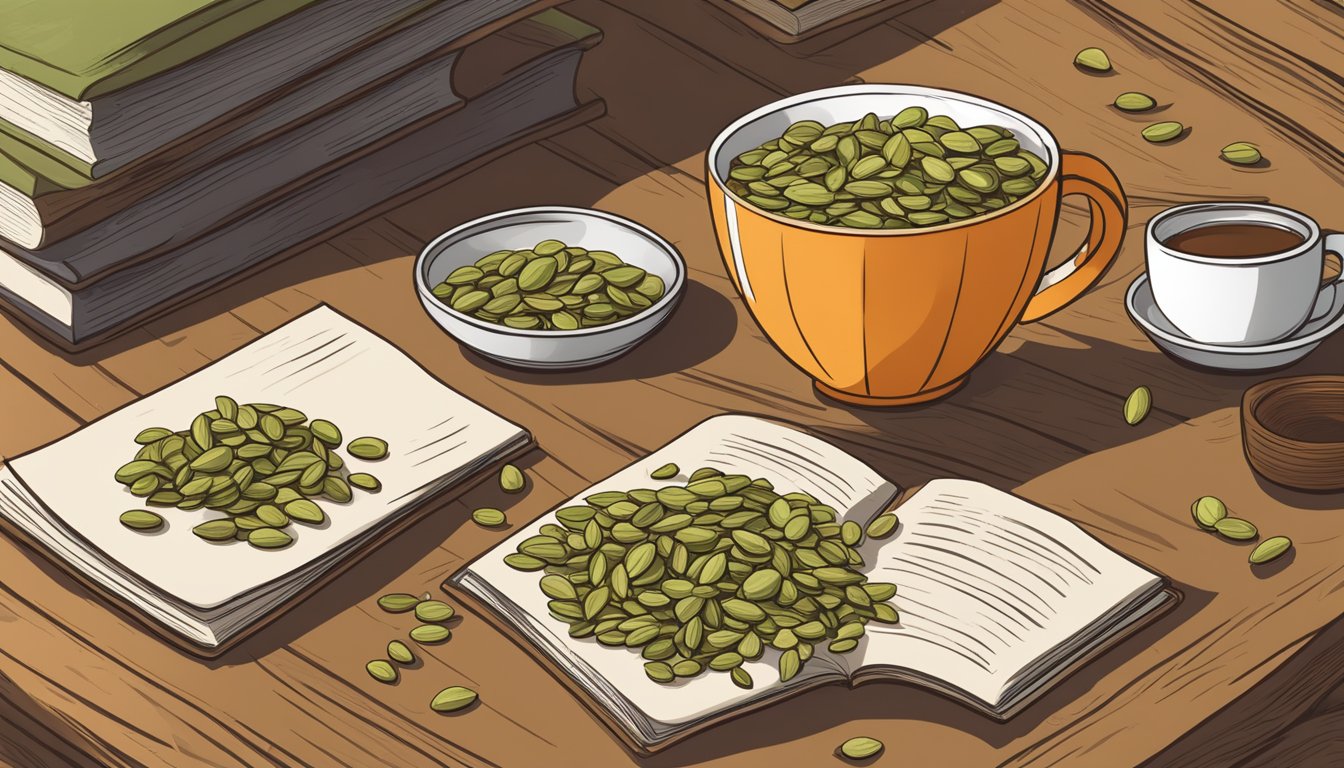 A pile of pumpkin seeds arranged on a wooden table, surrounded by scattered open textbooks and a steaming cup of herbal tea