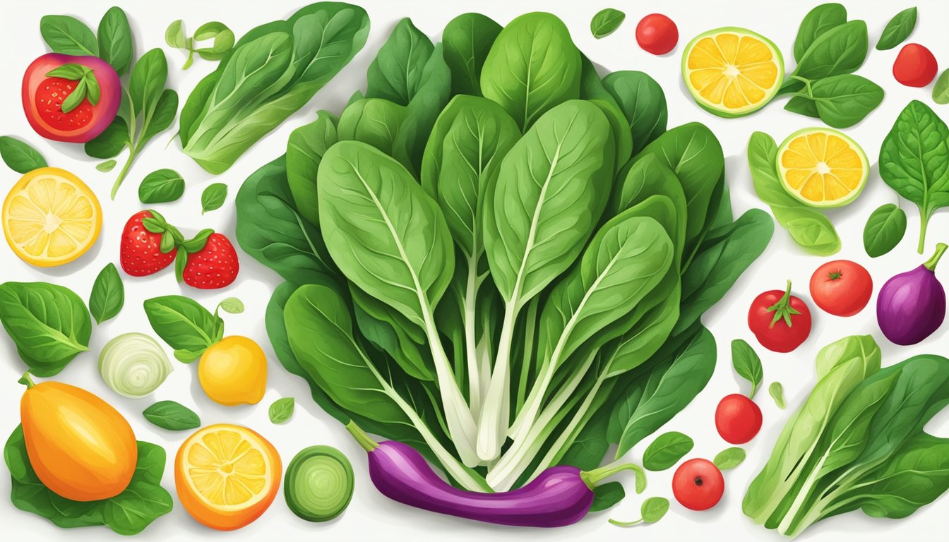 A colorful array of fresh spinach leaves arranged in a vibrant, organic pattern, surrounded by other nutritious foods, symbolizing support for a healthy pregnancy in the third trimester