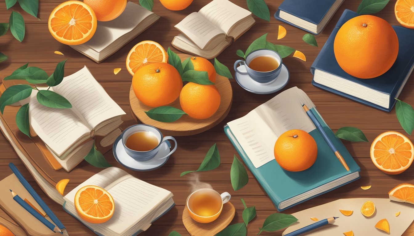 A pile of vibrant oranges arranged on a wooden table, surrounded by scattered open textbooks and a steaming cup of tea