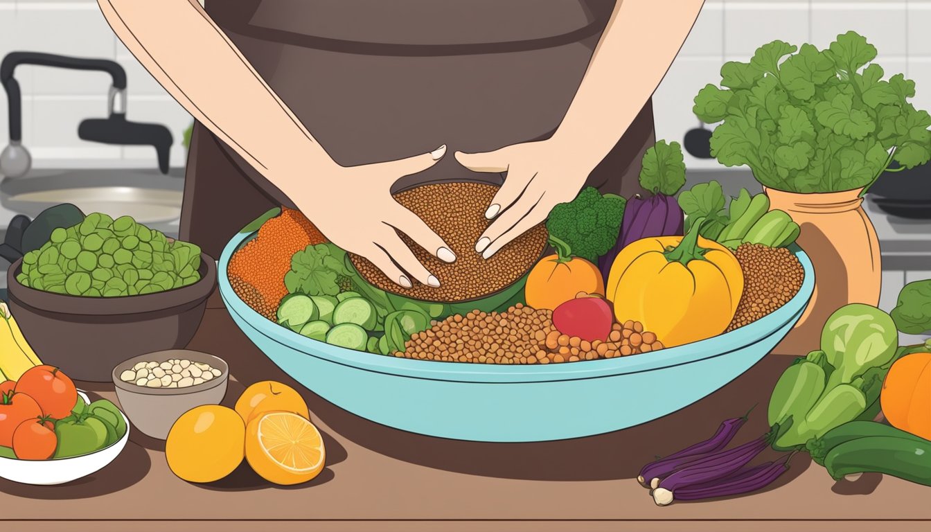 A colorful bowl filled with lentils, surrounded by fresh vegetables and fruits, sits on a kitchen countertop. A pregnant woman's hand reaches for the bowl