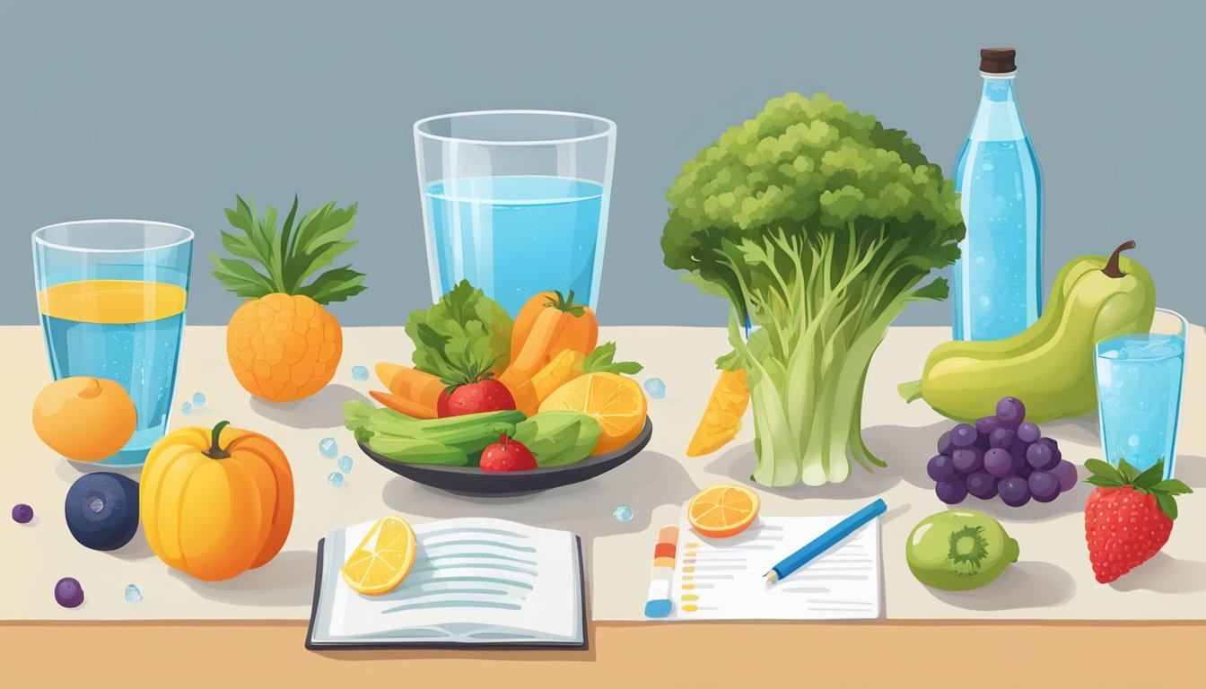 A table with a variety of colorful fruits and vegetables, a glass of water, and a brain-shaped diagram depicting the connection between hydration and mental clarity