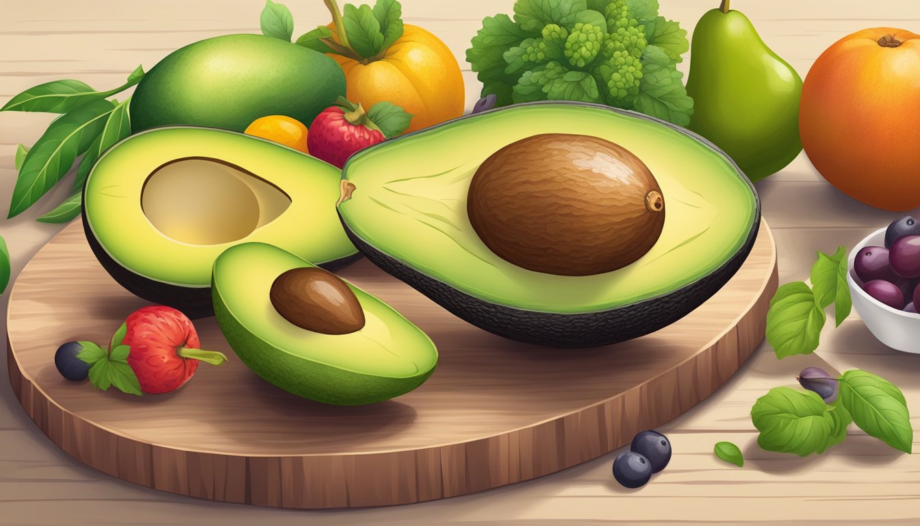 A ripe avocado surrounded by colorful fruits and vegetables on a wooden cutting board