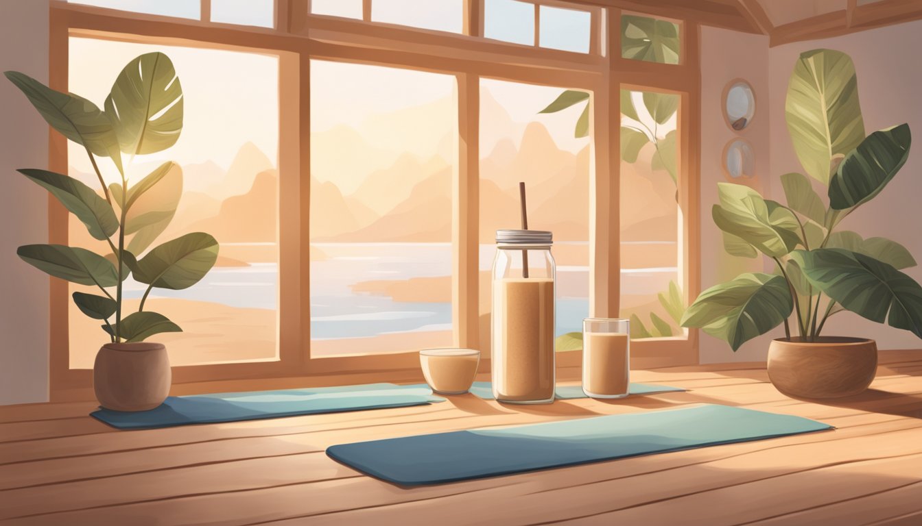 A serene yoga studio with a glass of almond butter smoothie on a wooden table, surrounded by calming decor and soft lighting