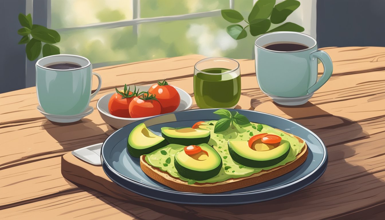 A plate of avocado toast topped with sliced tomatoes and a sprinkle of salt, next to a steaming mug of herbal tea, set on a wooden table