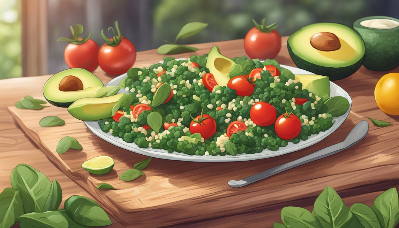 A colorful quinoa salad with fresh spinach, avocado, and cherry tomatoes arranged on a wooden table, surrounded by yoga mats and a calming atmosphere