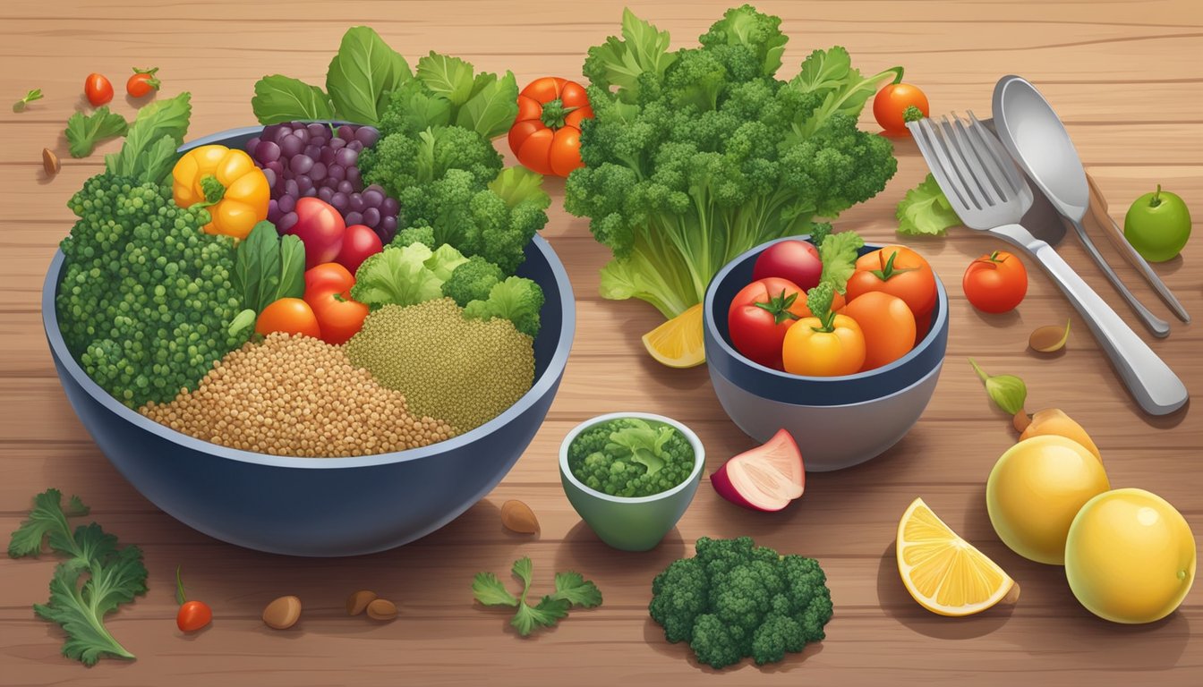 A colorful bowl filled with quinoa salad and kale, surrounded by fresh vegetables and fruits, on a clean, wooden cutting board