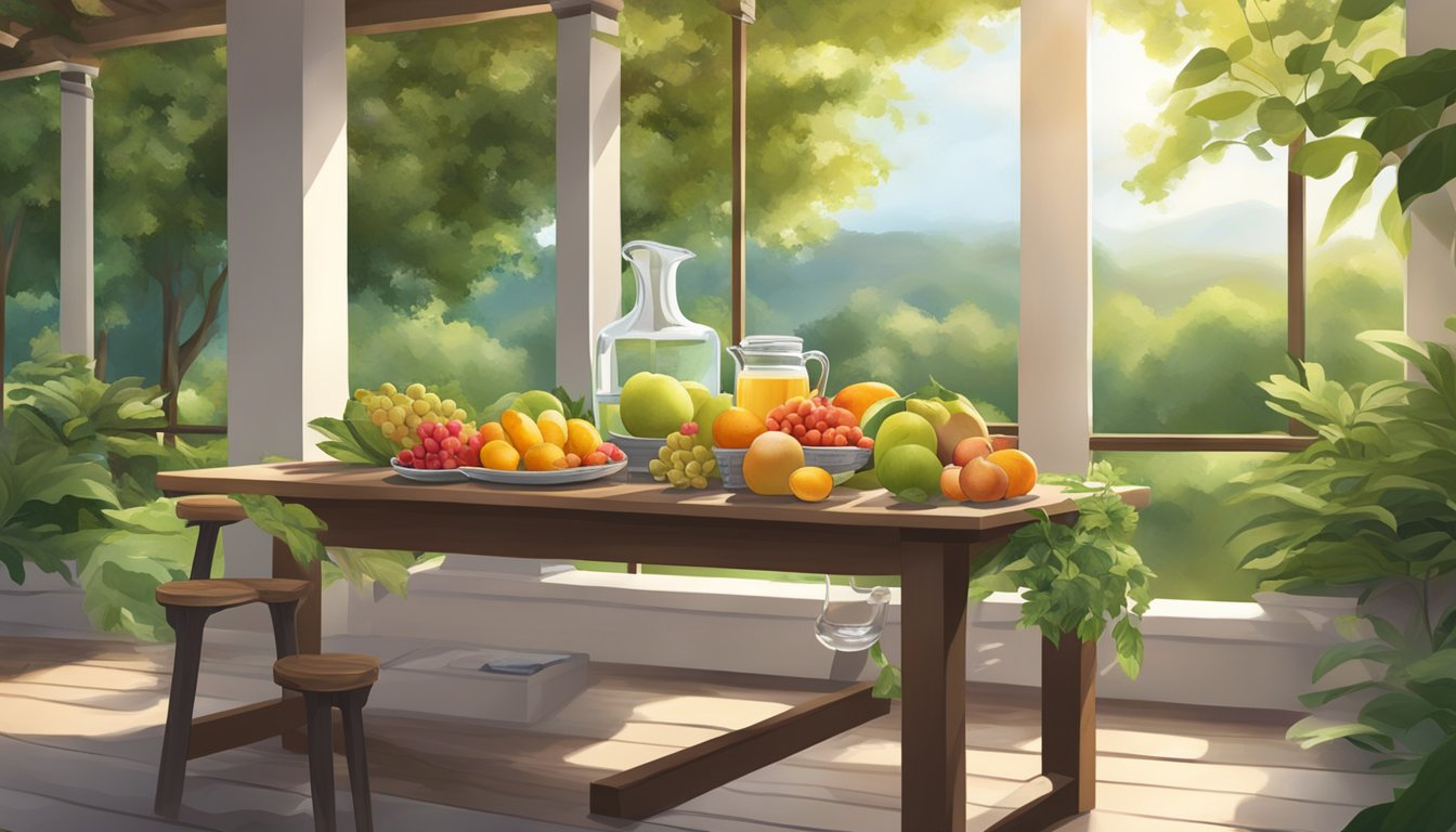 A peaceful setting with a table of fresh fruits, nuts, and water, surrounded by calming greenery and natural light