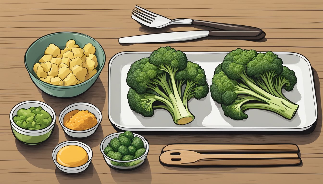 A plate of steamed broccoli, alongside other balanced meal prep foods, arranged neatly on a wooden cutting board