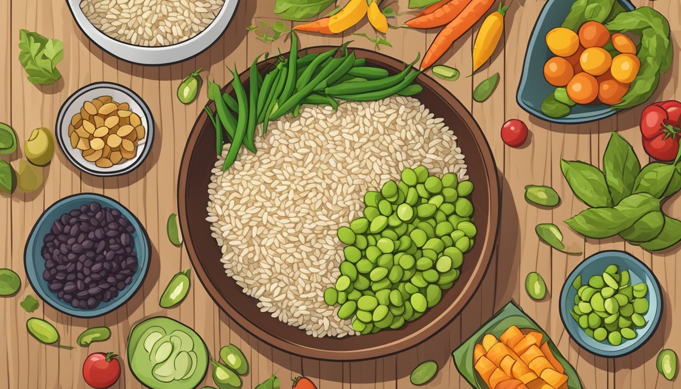 A bowl of brown rice and edamame, surrounded by colorful vegetables and fruits, set on a wooden table