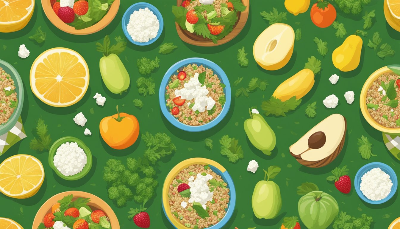 A picnic blanket spread out on lush green grass, with a colorful bowl of quinoa salad topped with crumbled feta, surrounded by fresh fruits and vegetables