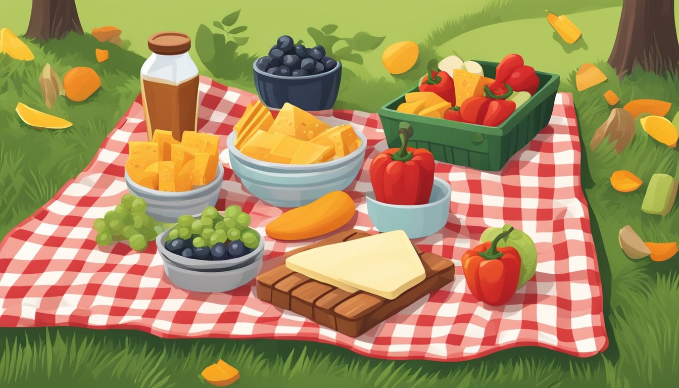 A picnic blanket spread with a variety of healthy foods, including roasted red pepper and gouda cheese, set against a lush park backdrop