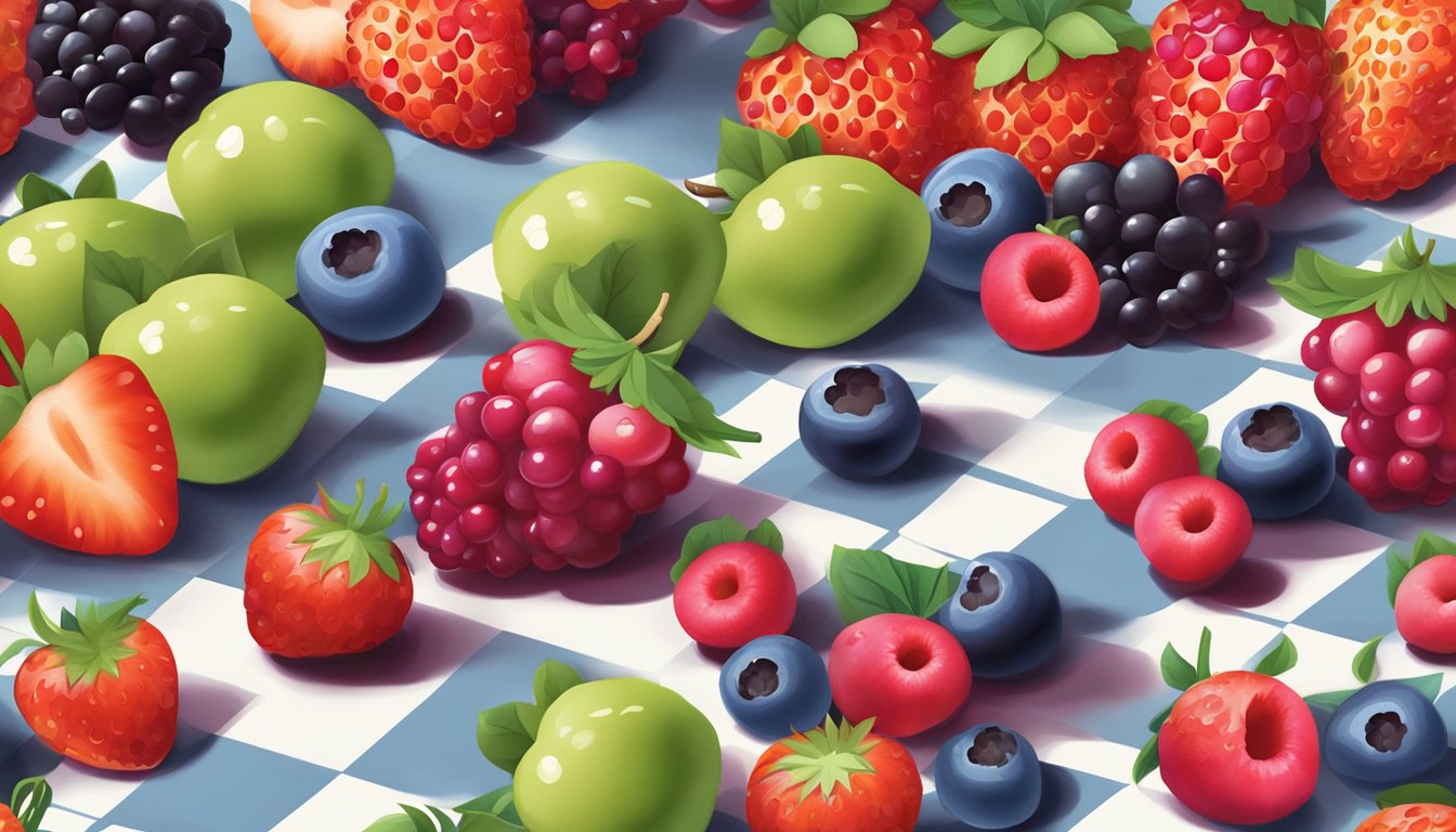 A colorful assortment of fresh berries arranged on a checkered picnic blanket in a sunny park setting