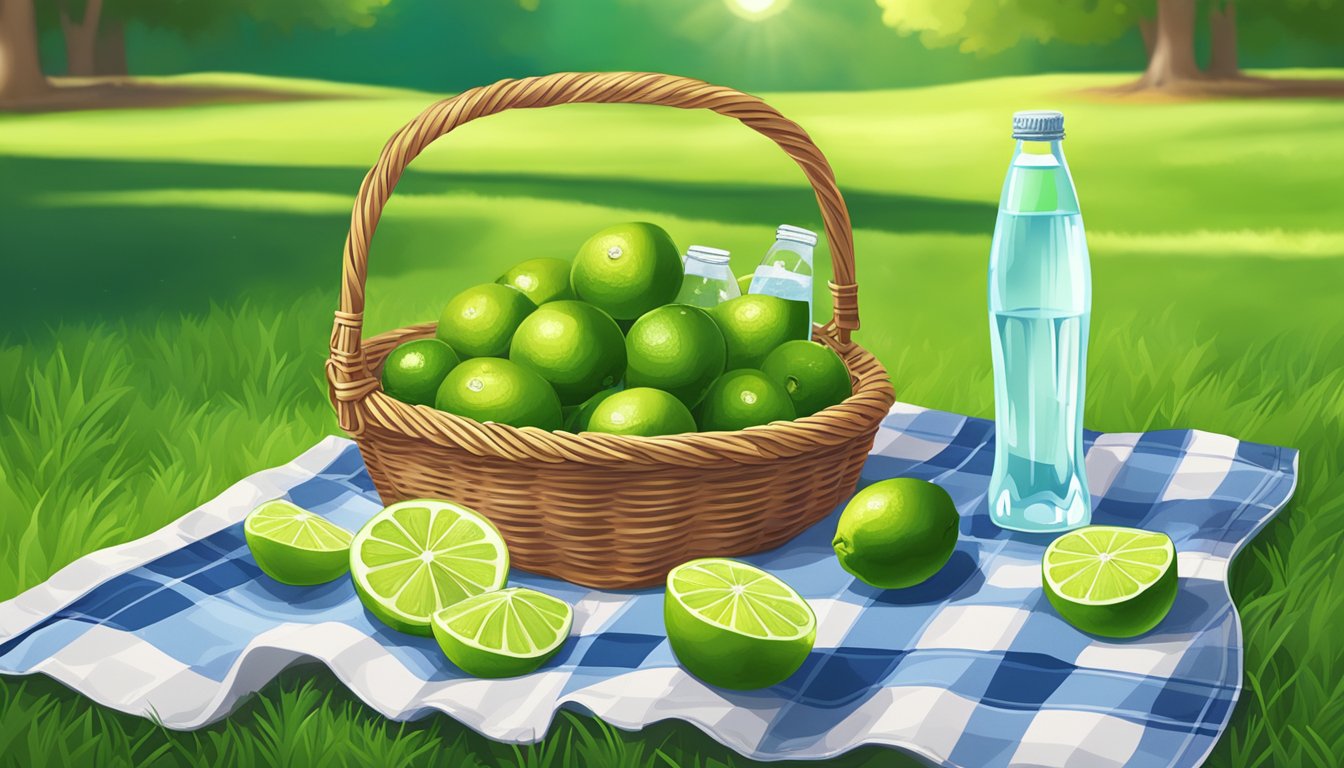 A picnic blanket spread out on green grass, with a basket filled with sparkling water and sliced limes, surrounded by a serene park setting