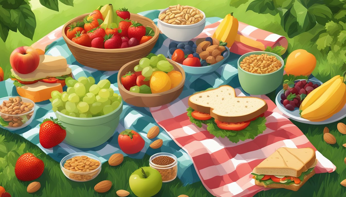 A colorful picnic blanket spread with fresh fruits, vegetables, whole grain sandwiches, and a variety of nuts and seeds, set against a lush green park backdrop