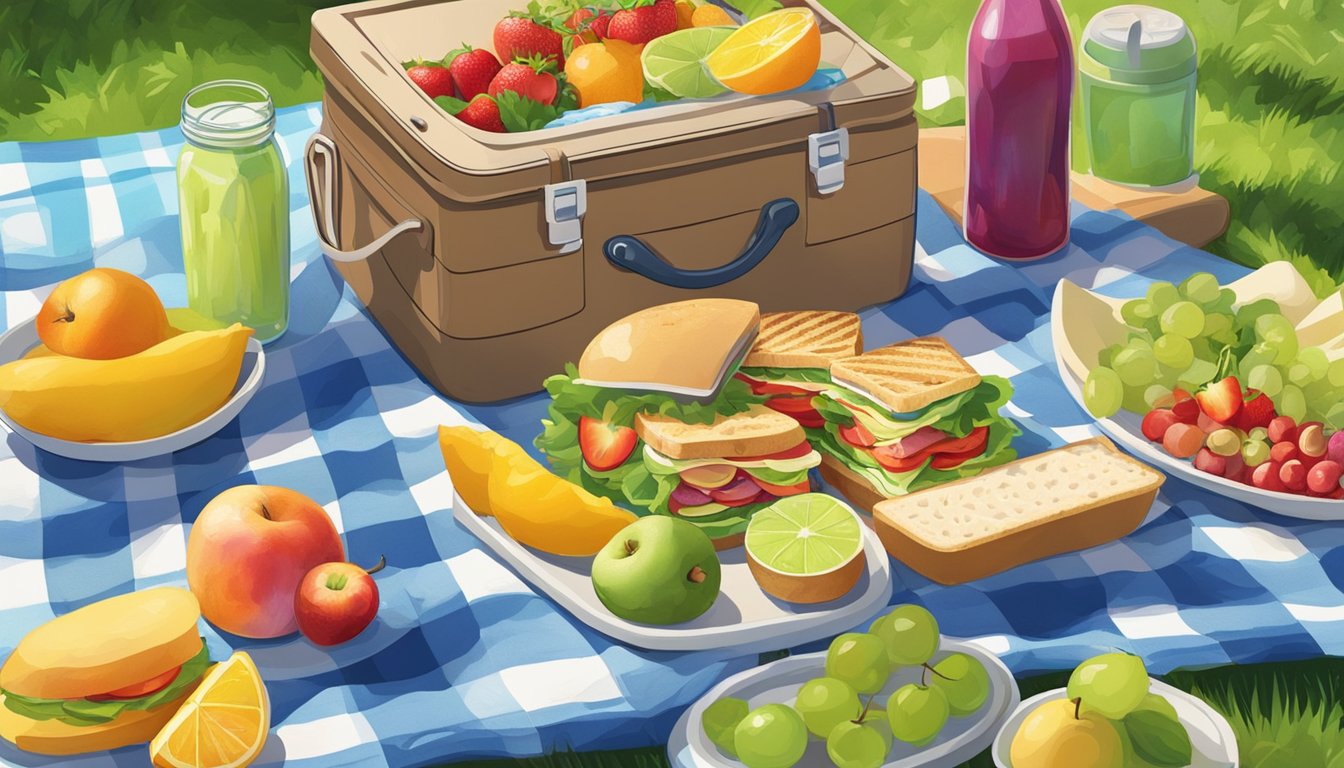 A colorful picnic spread on a checkered blanket in a sunny park, featuring fresh fruits, sandwiches, salads, and a cooler with ice packs