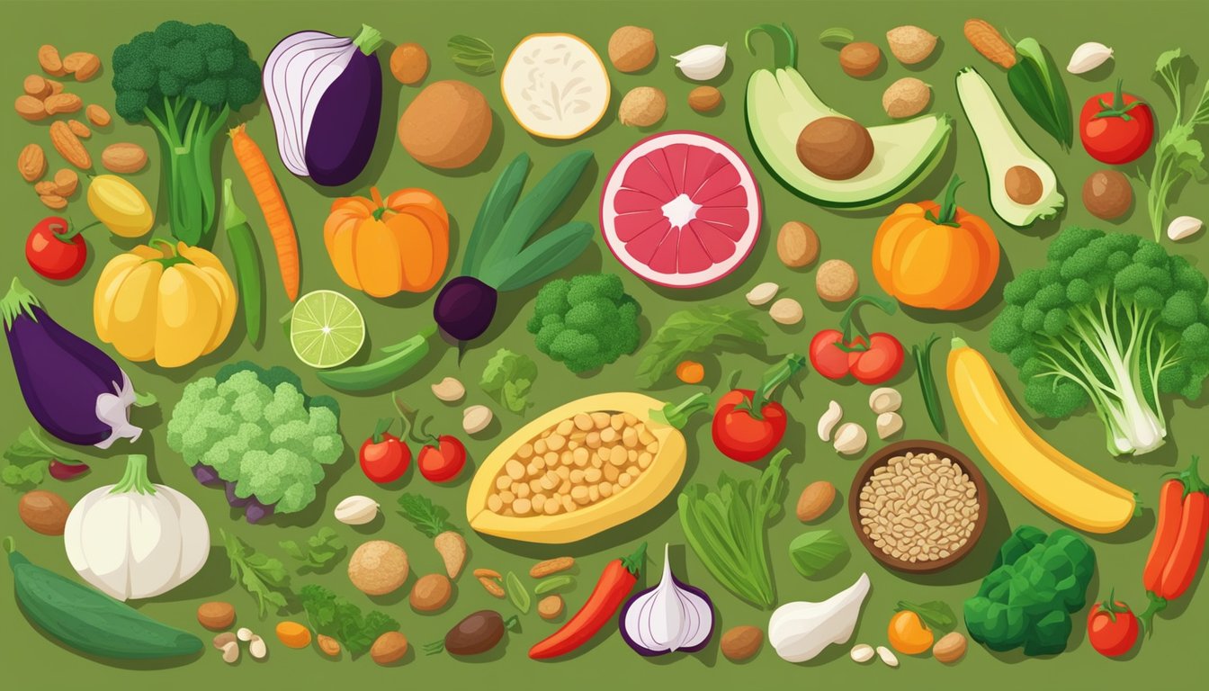 A colorful array of fresh vegetables, legumes, grains, and fruits arranged on a table, showcasing the variety and nutritional benefits of vegan dinners