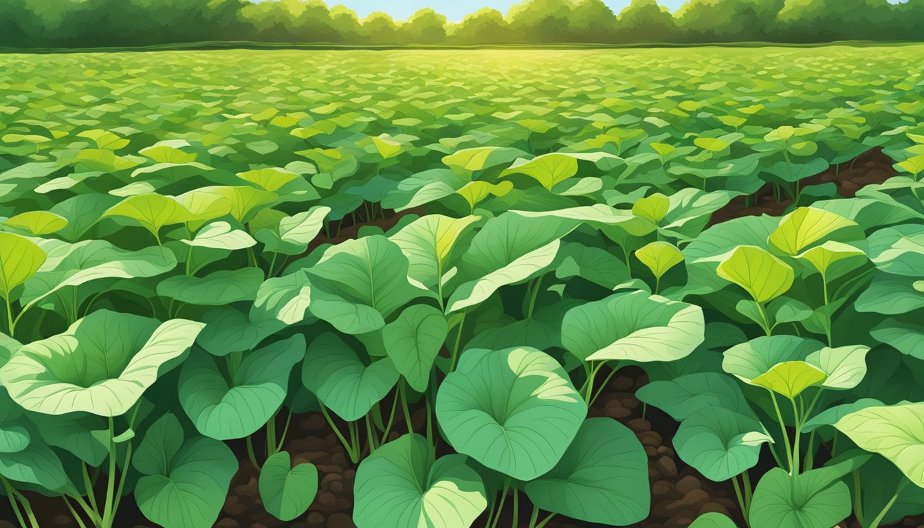 A sunny field with lush sweet potato plants, their vibrant leaves providing shade and protection from the sun's rays