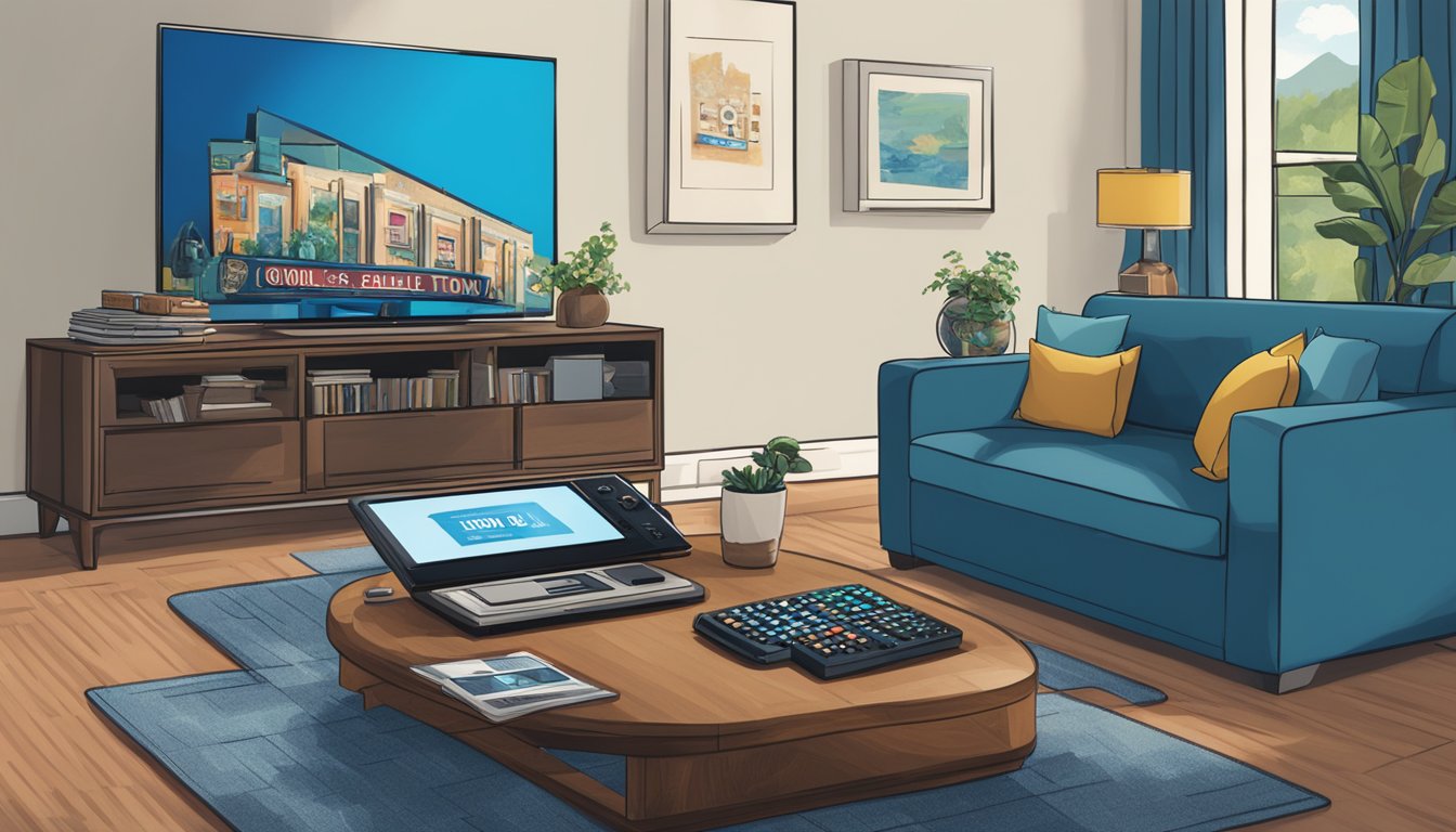 A bowl of Blue Diamond Almonds sits on a coffee table next to a remote control and a TV screen showing a movie