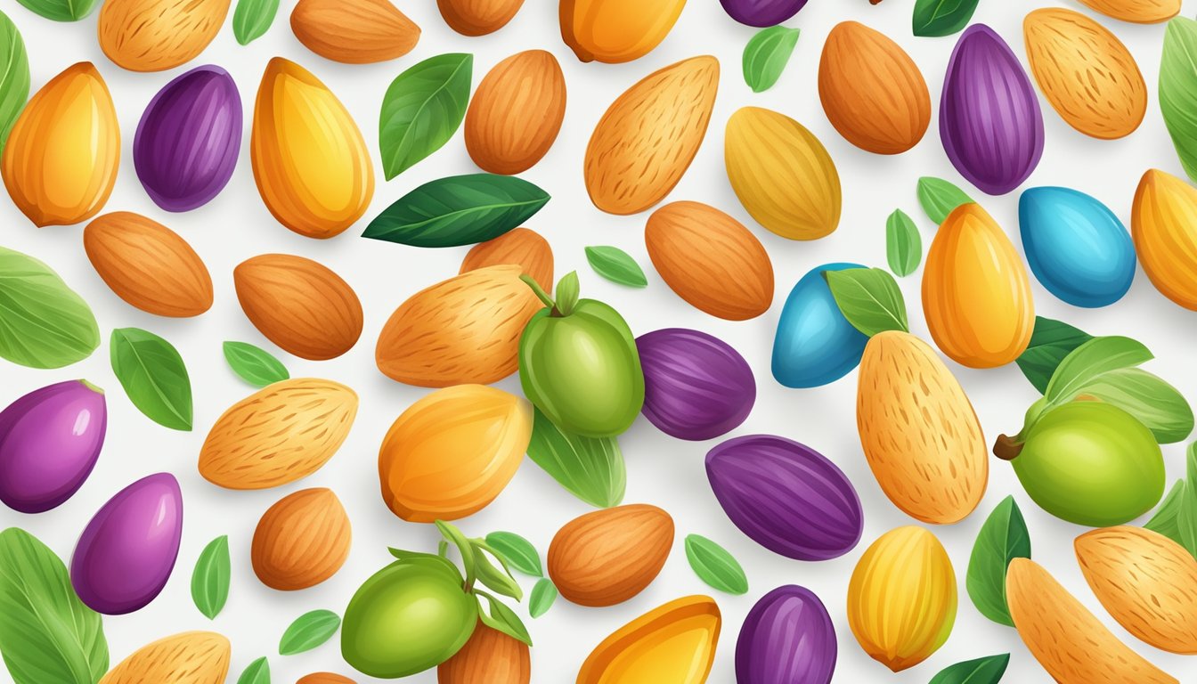 A group of colorful almonds arranged in a playful and inviting manner, surrounded by vibrant fruits and vegetables, symbolizing a healthy and strong immune system for kids