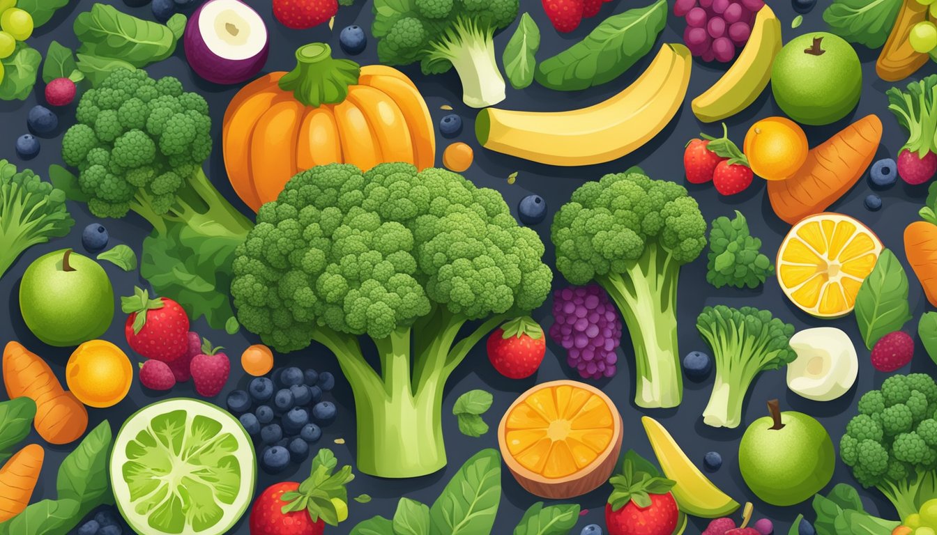 Fresh broccoli surrounded by colorful fruits and vegetables, symbolizing a healthy diet for kids' immune system