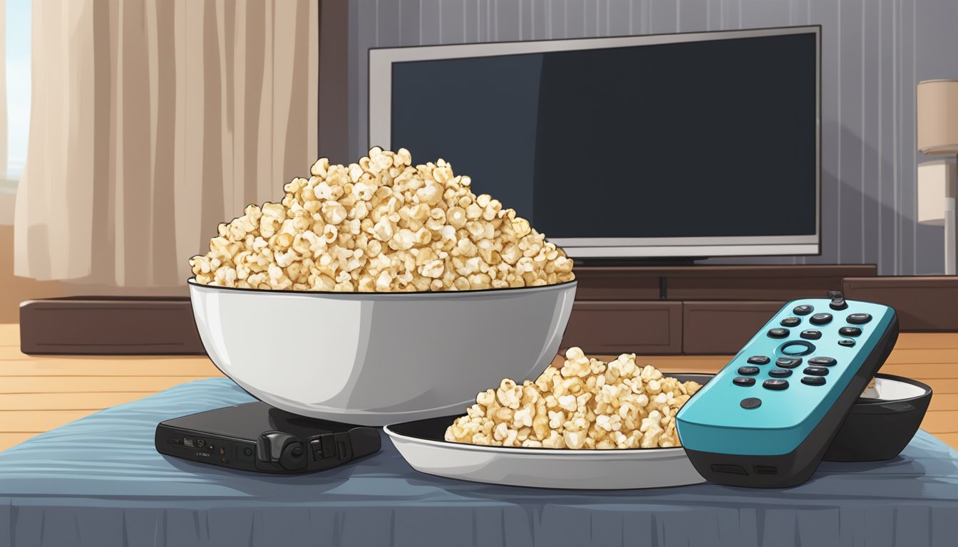 A bowl of sea salt popcorn sits on a cozy blanket next to a remote control and a TV playing a movie