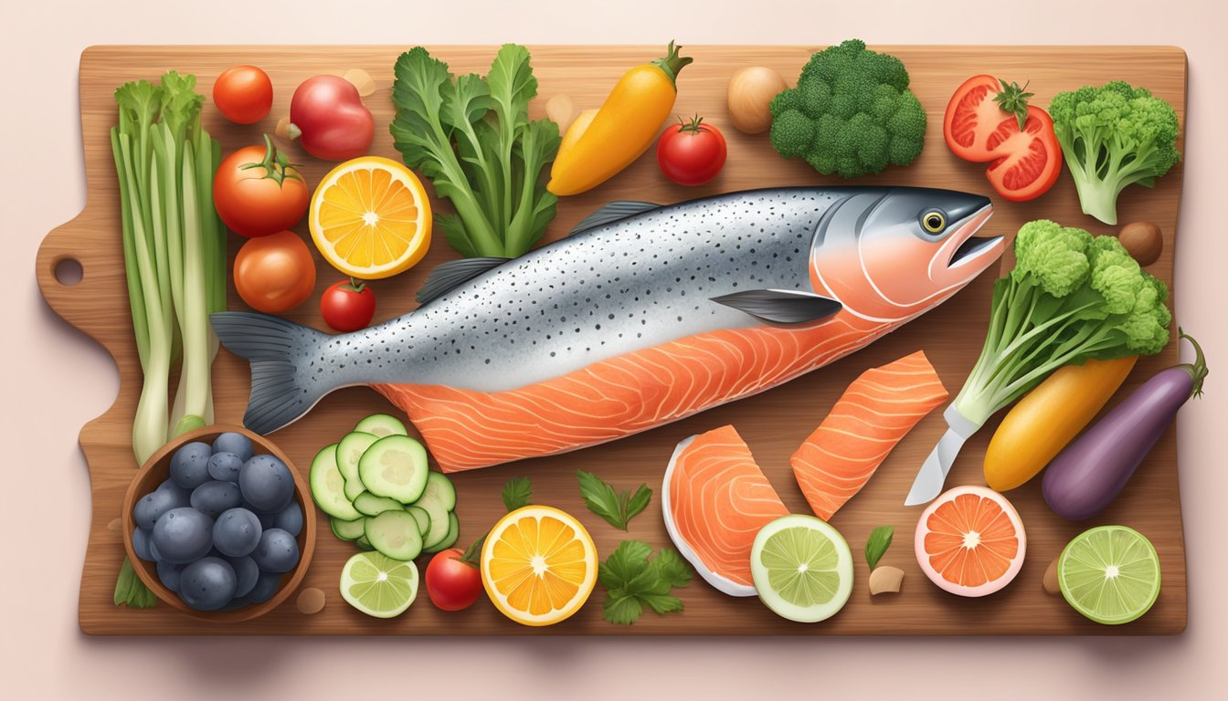 A colorful salmon fillet surrounded by heart-healthy vegetables and fruits on a wooden cutting board