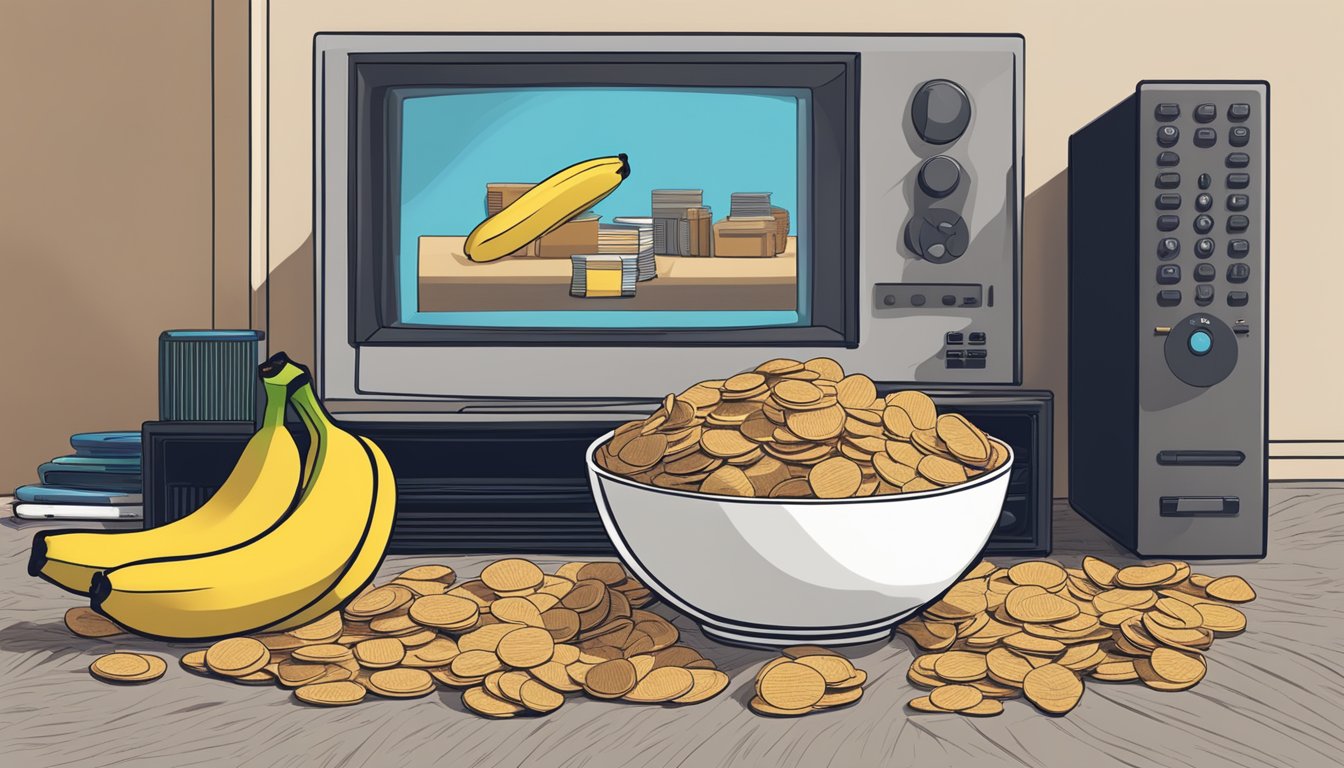 A bowl of Bare Simply Banana Chips sits on a cozy blanket next to a TV remote and a stack of movie DVDs