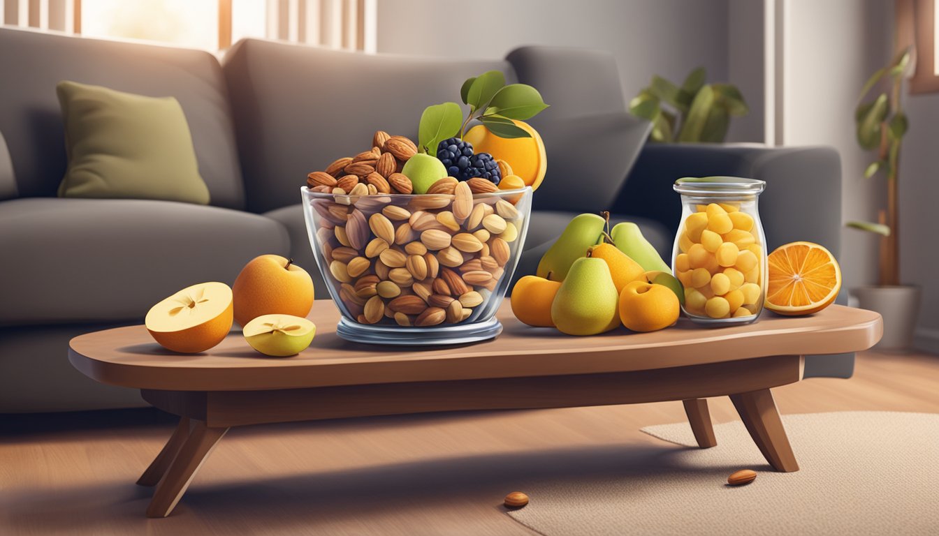 A bowl of fresh fruits and nuts arranged next to a cozy couch with a movie playing on the TV