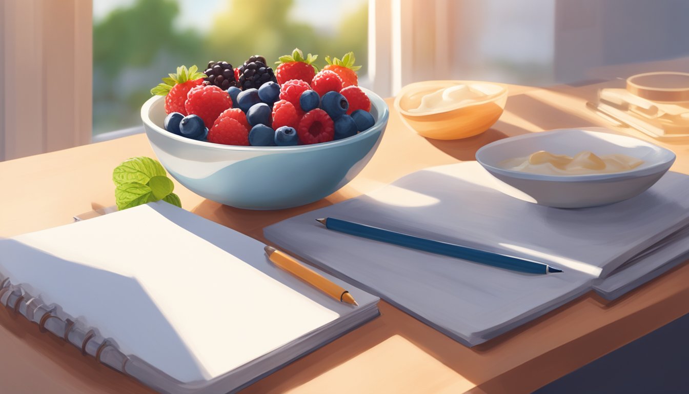 A bowl of Greek yogurt topped with fresh berries sits on a clean, modern desk, alongside a sleek laptop and a notepad. Sunlight streams in through a nearby window, casting a warm glow over the scene