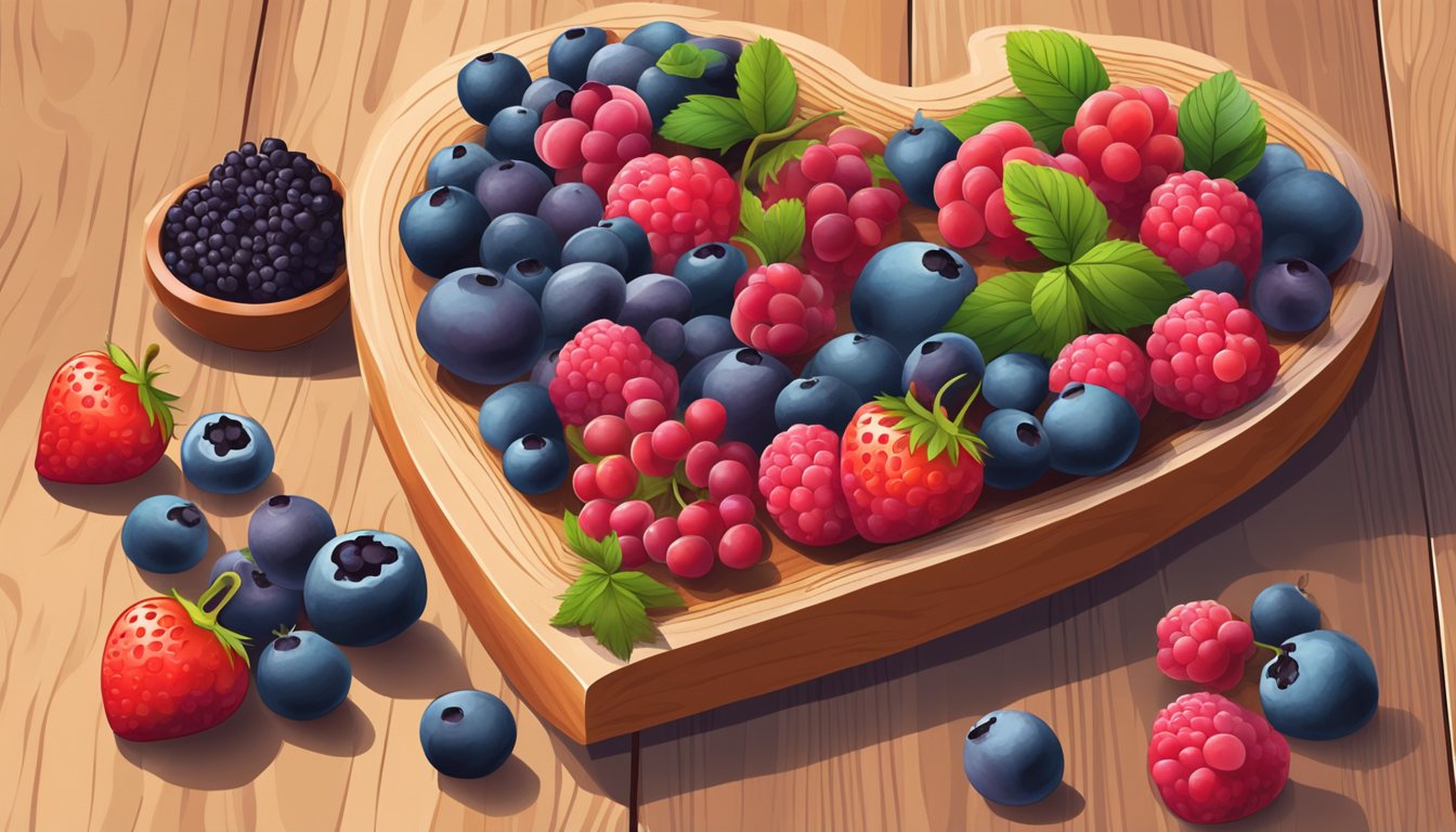 A colorful assortment of ripe berries arranged on a wooden cutting board with a heart-shaped bowl in the background