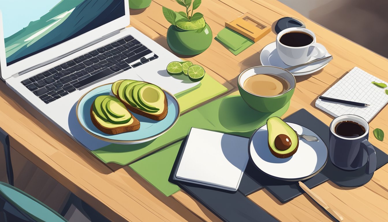 A plate of avocado toast on a wooden table with a cup of coffee, laptop, and office supplies in the background