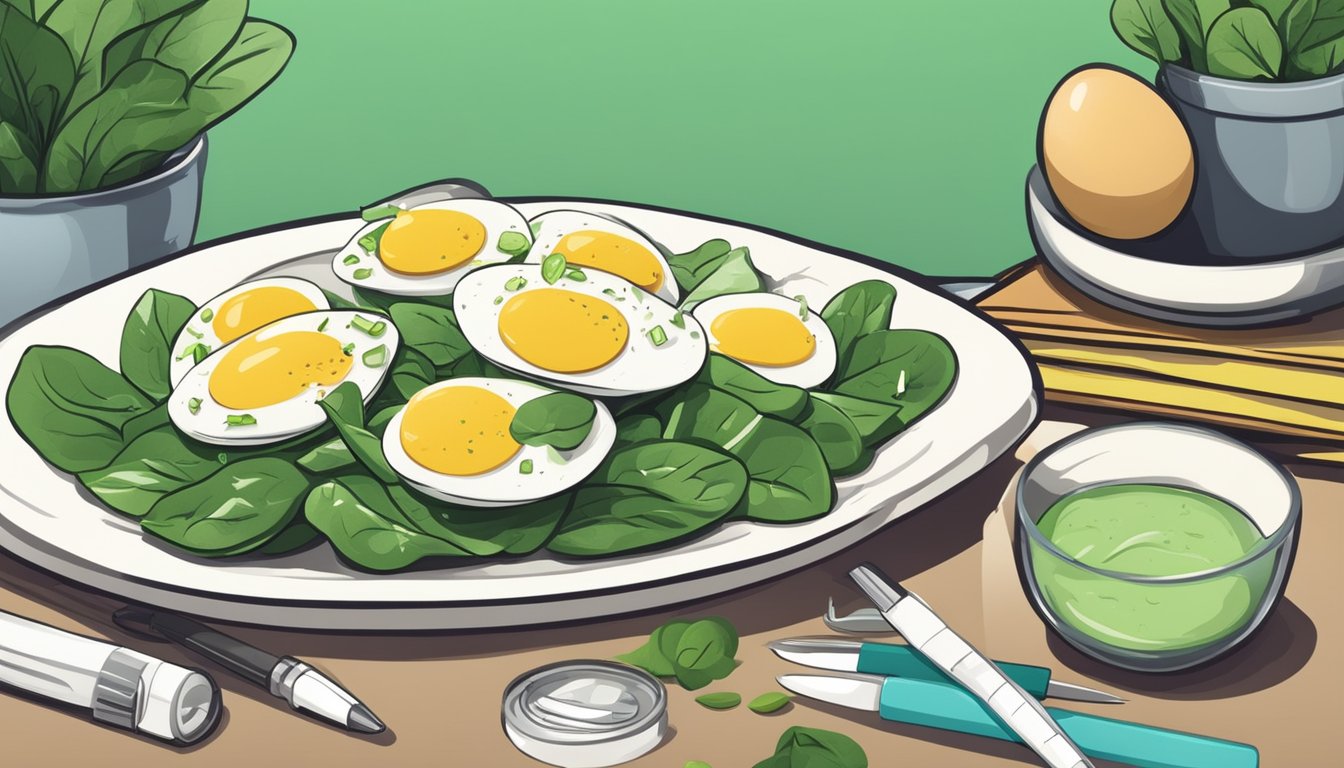 A plate of egg salad with spinach surrounded by office supplies on a desk