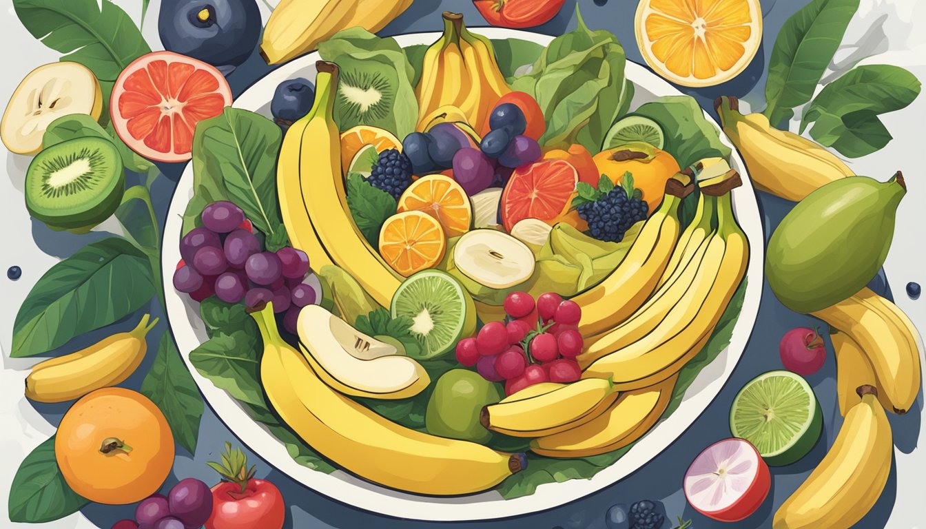 A person enjoying a bowl of sliced bananas, surrounded by a variety of other fruits and vegetables