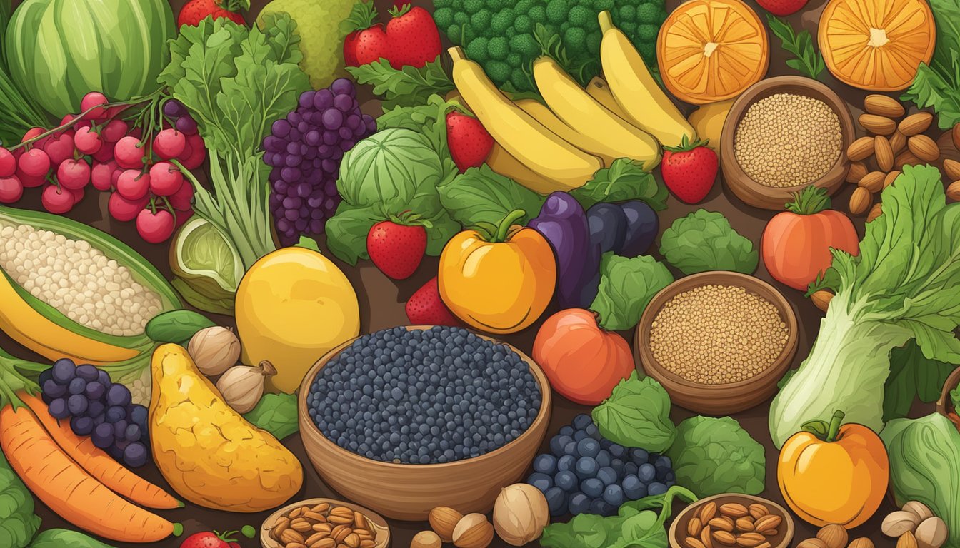 A colorful array of fresh fruits, vegetables, nuts, and grains, with a prominent focus on gluten-free options such as quinoa, rice, and leafy greens