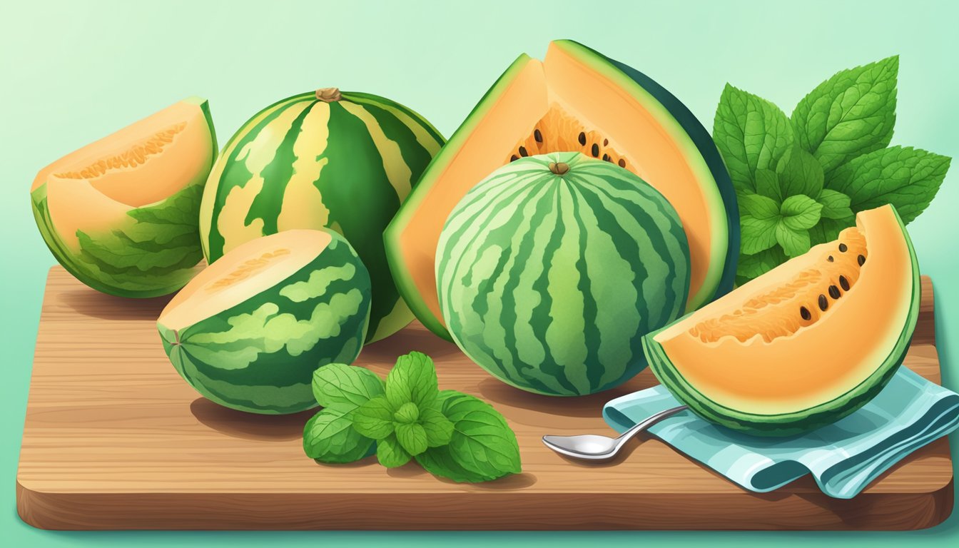 A variety of ripe melons arranged on a wooden cutting board, surrounded by fresh mint leaves and a glass of water