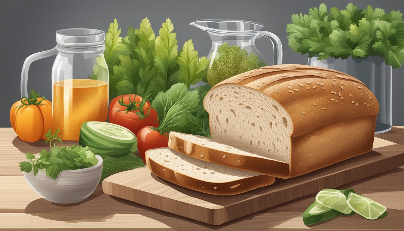 A loaf of whole-grain bread surrounded by fresh ingredients like vegetables and herbs, with a glass of water on the side