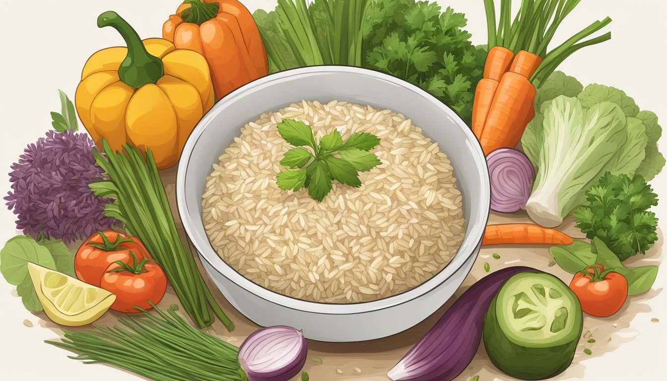 A bowl of brown rice surrounded by fresh vegetables and herbs, with a glass of water on the side