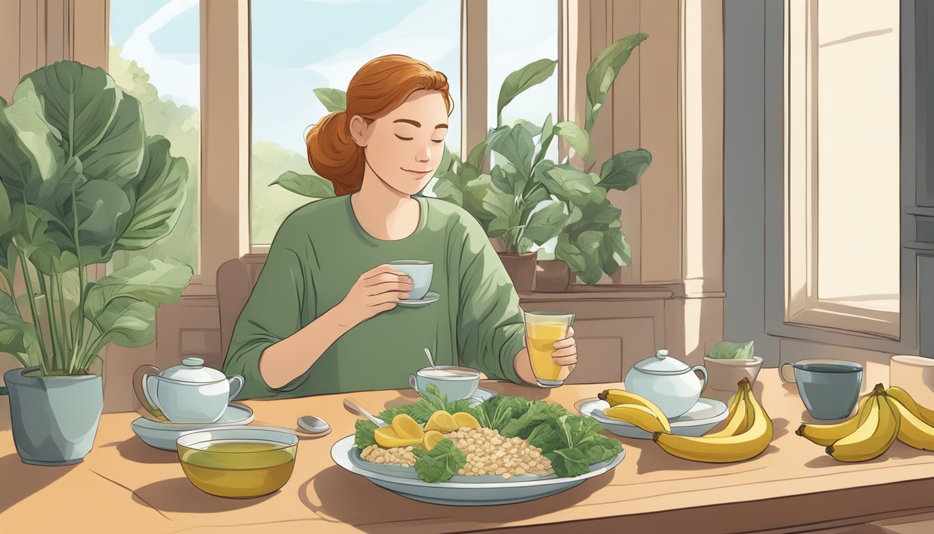 A table set with ginger tea, oatmeal, bananas, and leafy greens. A person sits comfortably, enjoying a meal without discomfort