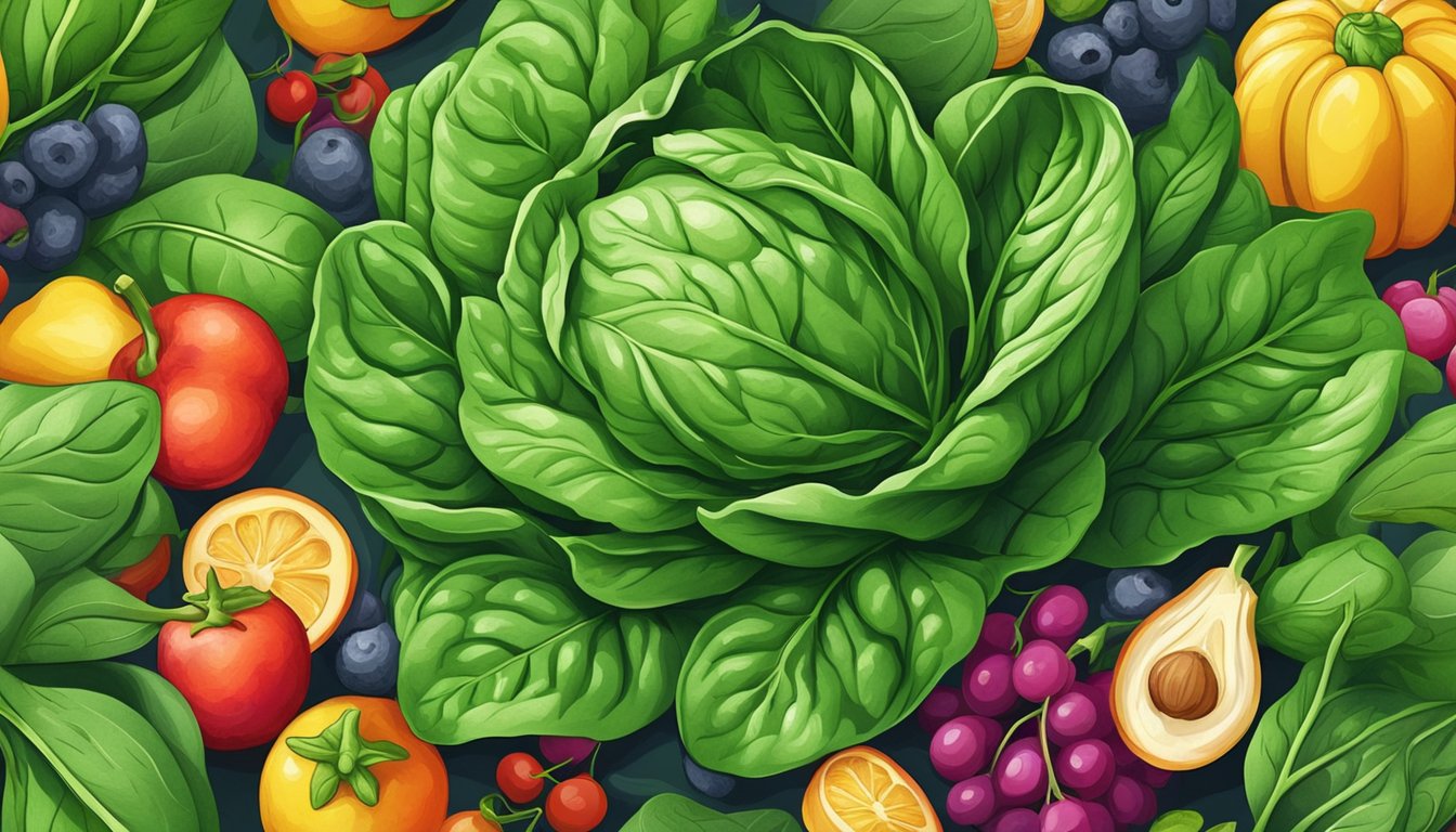 A vibrant bunch of spinach leaves surrounded by colorful vegetables and fruits, with a focus on the green, leafy texture of the spinach